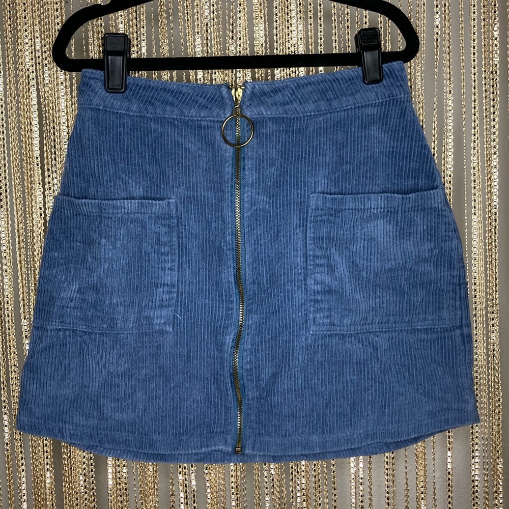 NWOT Limonata blue corduroy miniskirt with gold o-ring zipper and square pockets